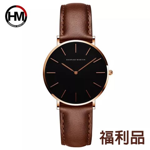 【HANNAH MARTIN】福利品出清-金色刻度設計感腕錶(HM-CH36-FK)-黑面咖啡帶x36mm