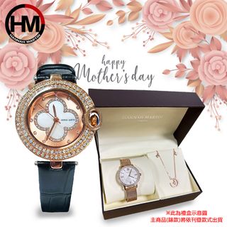 【HANNAH MARTIN】時尚鑲鑽錶框刻度女士腕錶/手錶+項鍊禮盒套組/母親節(HM-Z11)
