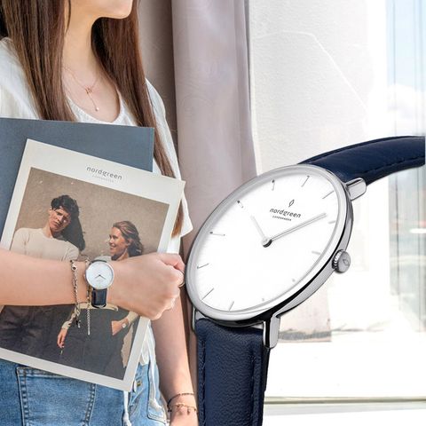 【Nordgreen】ND手錶 Native 本真 36mm 月光銀殼×白面 北歐藍真皮錶帶(NR36SILENAXX)