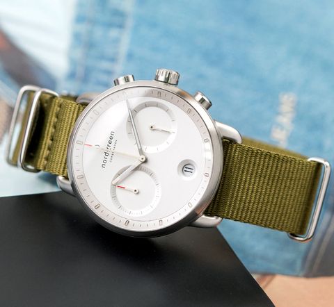 【Nordgreen】ND手錶 Pioneer 先鋒 42mm 月光銀殼×白面 波希米亞綠尼龍錶帶(PI42SINYAGXX)
