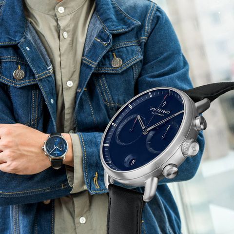 【Nordgreen】ND手錶 Pioneer 先鋒 42mm 月光銀殼×藍面 極夜黑純素皮革錶帶(PI42SIVEBLNA)