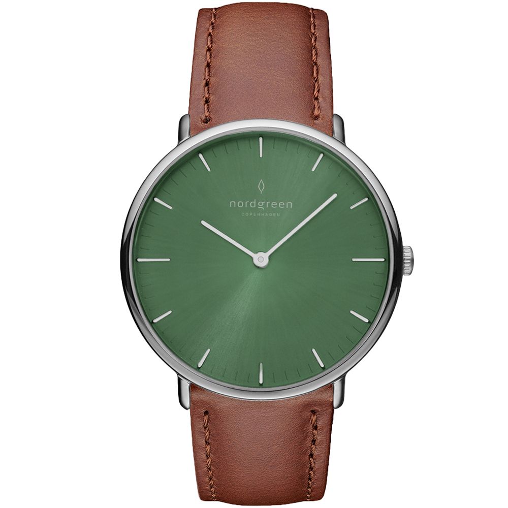 Nordgreen ND手錶 Native 本真 40mm 月光銀殼橄欖綠面 復古棕真皮錶帶(NR40SILEBROG)