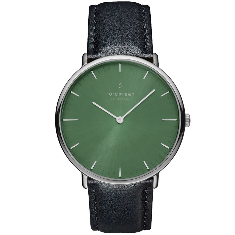 Nordgreen ND手錶 Native 本真 40mm 月光銀殼橄欖綠面 極夜黑真皮錶帶(NR40SILEBLOG)