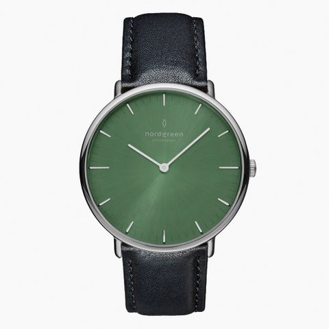 Nordgreen ND手錶 Native 本真 36mm 月光銀殼橄欖綠面 極夜黑真皮錶帶(NR36SILEBLOG)