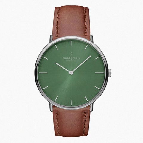 Nordgreen ND手錶 Native 本真 36mm 月光銀殼橄欖綠面 復古棕真皮錶帶(NR36SILEBROG)