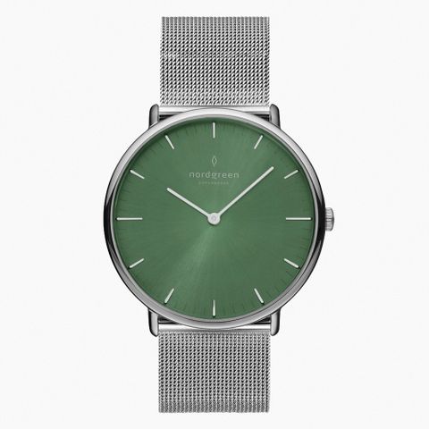 【Nordgreen】ND手錶 Native 本真 36mm 月光銀殼×橄欖綠面 月光銀米蘭錶帶(NR36SIMESIOG)