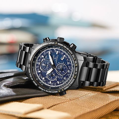 【CITIZEN】星辰 Promaster 鈦金屬 光動能 電波萬年曆 三眼計時男錶 AT8195-85L 黑/藍 44.3mm