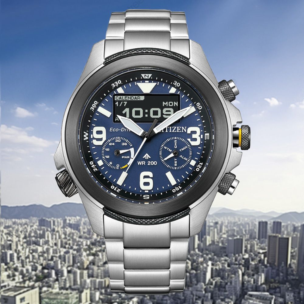 CITIZEN 星辰 PROMASTER 光動能 碼錶計時 數位液晶顯示腕錶-藍 JV1006-51L