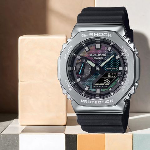 CASIO 卡西歐 G-SHOCK 彩色磚牆系列 八角雙顯手錶 學生錶 GM-2100RW-1A