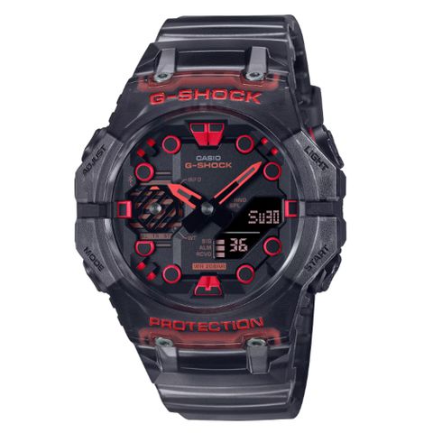 【CASIO 卡西歐】G-SHOCK 藍牙 碳纖維核心防護 半透明 電競黑紅雙顯錶款 GA-B001G-1A_46mm