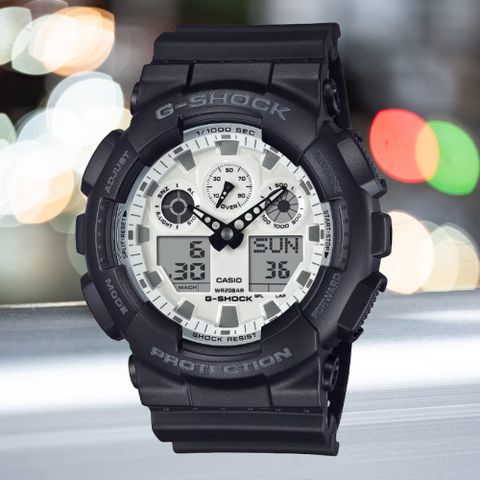 CASIO 卡西歐 G-SHOCK 大膽時尚 搶眼黑白對比大錶殼雙顯錶 GA-100WD-1A