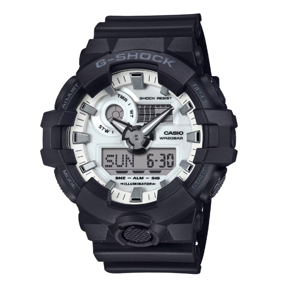 CASIO 卡西歐 G-SHOCK 大膽時尚 搶眼黑白對比 正面按鈕雙顯錶 GA-700WD-1A