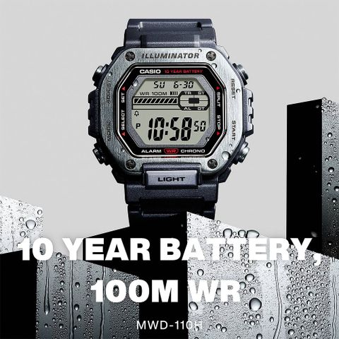 CASIO 卡西歐 10年電力金屬風計時手錶-黑x銀 MWD-110H-1AV