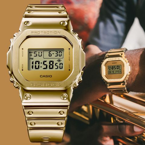 CASIO 卡西歐 G-SHOCK 精緻金色 金屬殼矽膠帶 方形電子錶 GM-5600YMG-9