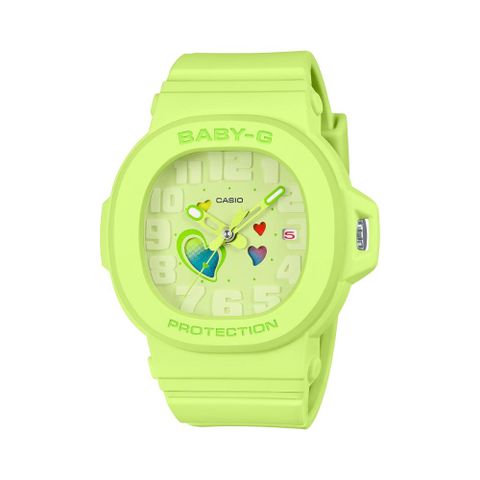 【CASIO 卡西歐】BABY-G 迷人魅力 繽紛俏皮 突顯愛心錶款 螢光黃_BGA-10-3A_42.1mm