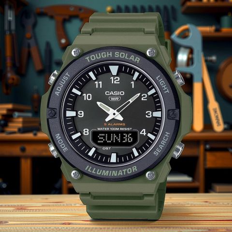 CASIO 卡西歐 學生錶 太陽能雙顯電子錶-軍綠色(AQ-S820W-3BV)