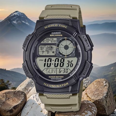 CASIO 卡西歐 學生錶 多功能世界時間電子錶-卡其色(AE-1000W-5AV)