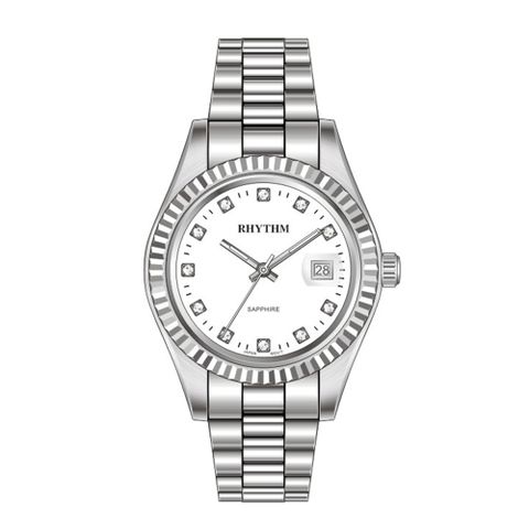 RHYTHM日本麗聲鐘 高雅鑲鑽日期顯示石英腕錶-白/不鏽鋼錶帶