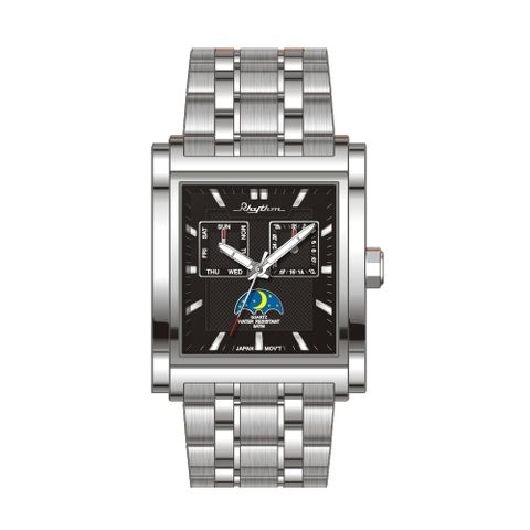RHYTHM日本麗聲鐘 獨特方形氣質石英腕錶-黑/不鏽鋼錶帶