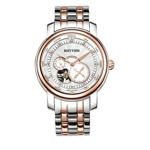RHYTHM日本麗聲 時尚商務分鐘印紋半鏤空自動機械腕錶-玫瑰金/不鏽鋼錶帶