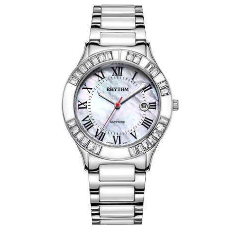 RHYTHM日本麗聲 奢華貝殼面羅馬數字日期顯示陶瓷腕錶-白/半陶瓷錶帶