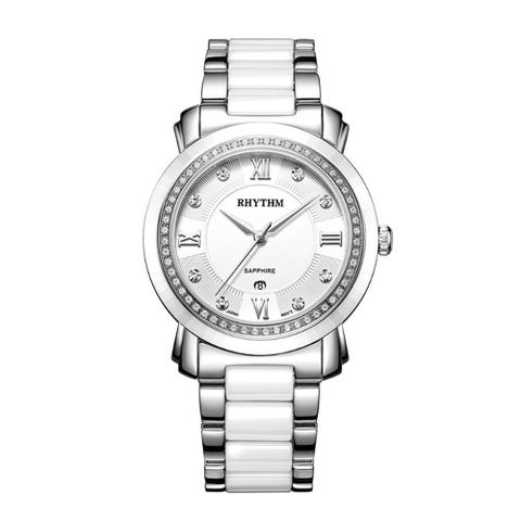 RHYTHM日本麗聲 歐式英倫款日期顯示陶瓷腕錶-白/半陶瓷錶帶