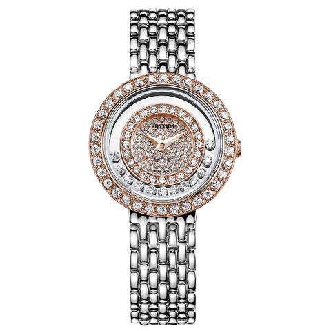 RHYTHM日本麗聲 奢華貴氣淑女造型鑲鑽設計石英腕錶-玫瑰金/不鏽鋼錶帶