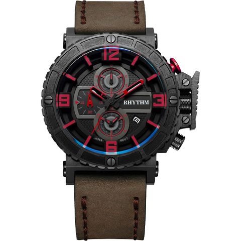 RHYTHM日本麗聲 運動系列大錶徑計時手錶-黑x卡其/46mm I1401I04