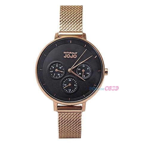 【Naturally JOJO】JO96990-88R 藍寶石鏡面 日期星期 米蘭錶帶 三眼女錶 黑/玫瑰金 34mm