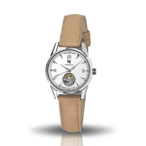 【lip】Himalaya時尚小巧真皮鏤空機械腕錶-卡其棕/671604/台灣總代理公司貨享兩年保固
