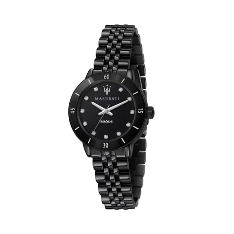【Maserati 瑪莎拉蒂】SUCCESSO LADY 光動能晶鑽時標優雅鋼帶腕錶-極淨黑/R8853145501/台灣總代理公司貨享兩年保固