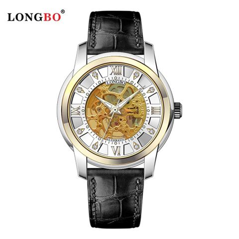 美國時尚品牌LB機械錶 83208 鏤空設計簡約羅馬字男士機械皮帶錶 - 金白 黑皮