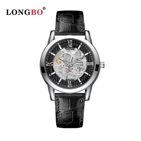 美國時尚品牌LB機械錶 83209 鏤空設計簡約大方男士機械皮帶錶 - 銀黑