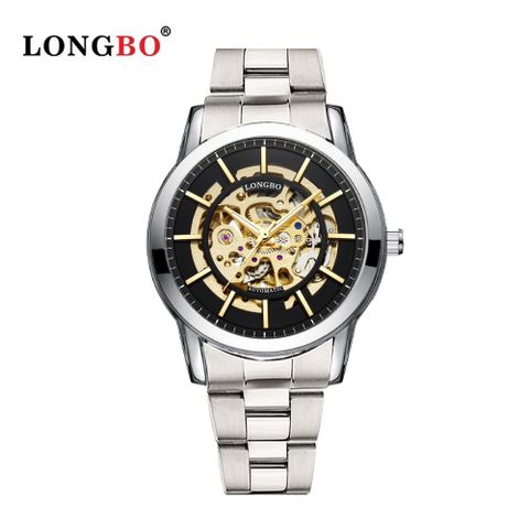 美國時尚品牌LB機械錶 83228 鏤空設計簡約同心圓男士機械皮帶錶 - 銀黑