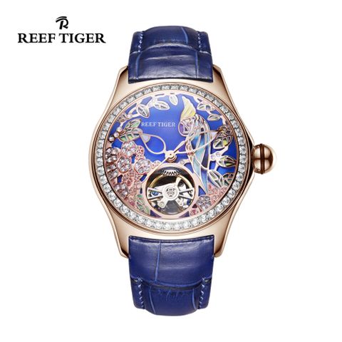 REEF TIGER 瑞士品牌 空氣泡泡系列 璀璨晶鑽華麗鸚鵡真陀飛輪機械皮帶腕錶 - RGA7105-PLLD 玫藍