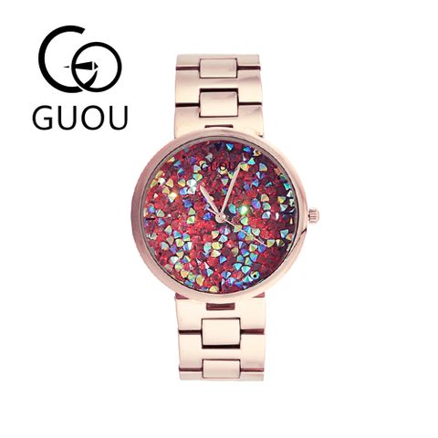 GUOU 香港精品 8152 璀璨綺麗簡約刻度時尚都會女錶 - 時尚紅