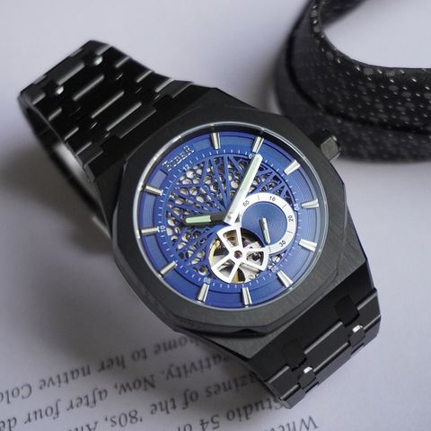 賽車元素FIBER 法柏 競速先鋒系列 鏤空機械錶-黑×藍/41mm FB8017-1-01