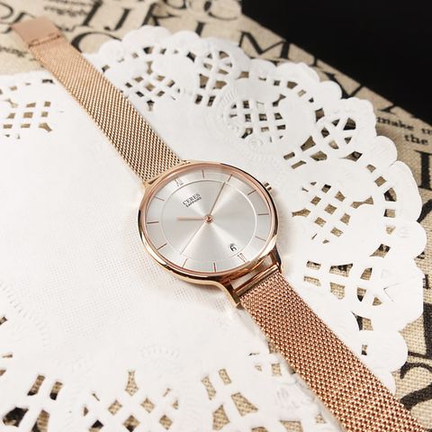 EROS CERES 贈錶帶 / LQ3323RG-S /日期 米蘭編織不鏽鋼手錶 禮盒組 銀x玫瑰金 33mm