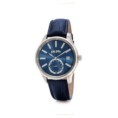 【Folli Follie】Style Bonding晶鑽時尚真皮日期腕錶-鸚藍款/WF18T004STU_DB/台灣總代理公司貨享兩年保固