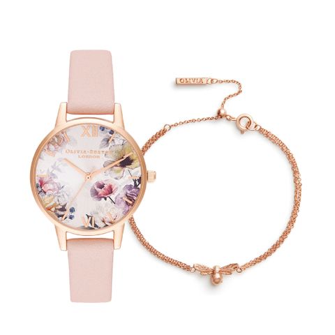 【OLIVIA BURTON 】玫瑰金陽光花之饗宴腕錶手鍊套組