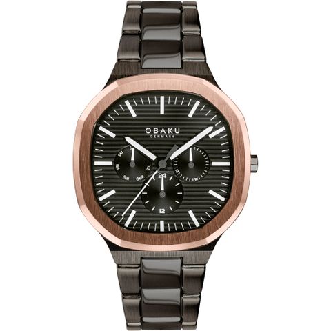 OBAKU 八角哲學紳士三眼時尚腕錶-黑X玫瑰金