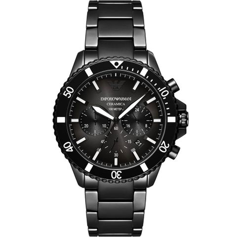女神節▼原廠公司貨EMPORIO ARMANI 亞曼尼 Diver 陶瓷三眼計時手錶-43mm AR70010
