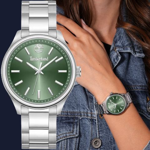 Timberland 天柏嵐 休閒時尚大三針鋼帶手錶-38mm/綠 TDWLG0030102