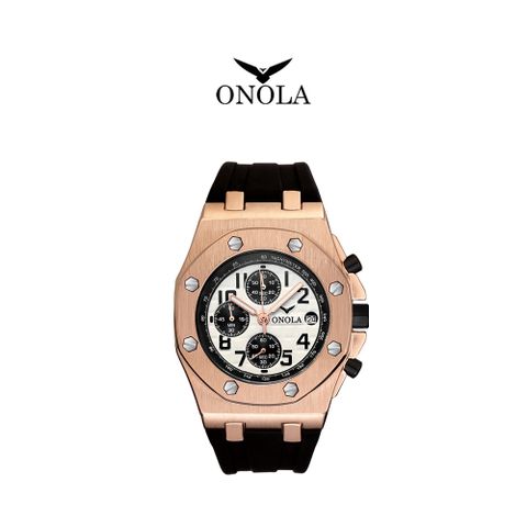 ONOLA 義大利品牌 極致玫白個性八角三眼橡膠腕錶-ON6805