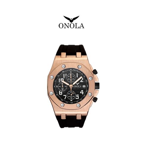 ONOLA 義大利品牌 極致玫黑個性八角三眼橡膠腕錶-ON6805
