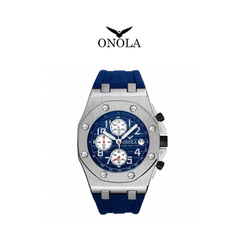 ONOLA 義大利品牌 極致銀藍個性八角三眼橡膠腕錶-ON6805