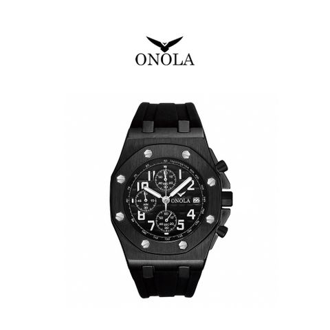 ONOLA 義大利品牌 極致全黑個性八角三眼橡膠腕錶-ON6805