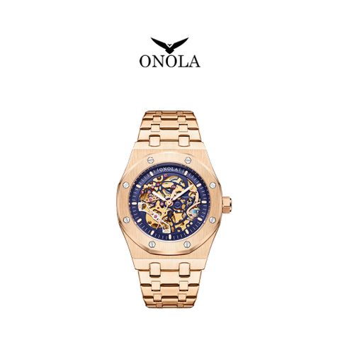 ONOLA 義大利品牌 玫藍個性八角簍空機戒鋼帶腕錶-ON3811