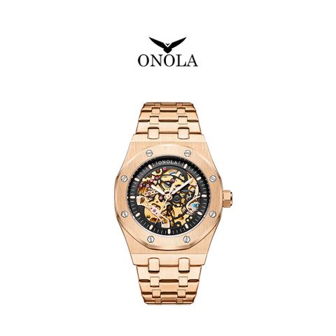 ONOLA 義大利品牌 玫黑個性八角簍空機戒鋼帶腕錶-ON3811