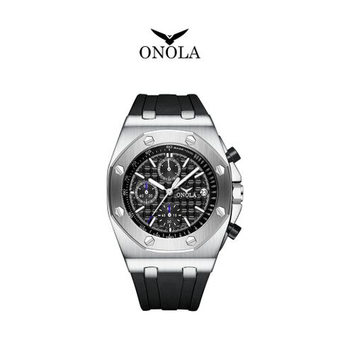 ONOLA 義大利品牌 銀黑剛正三眼橡膠腕錶-ON6806
